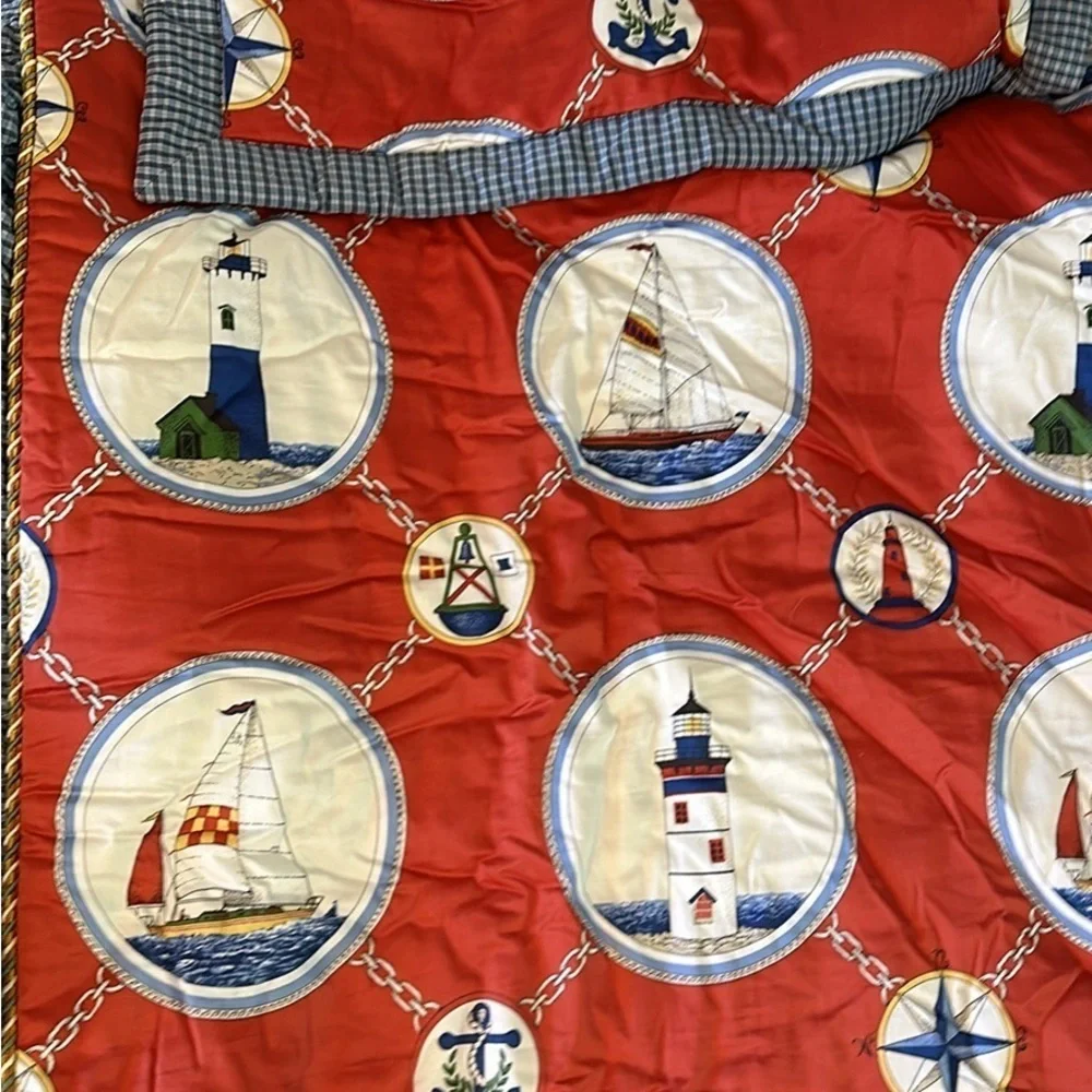 Custom Made Twin Sz Lighthouse Print - Attached Bed Skirt & Decorative Cording